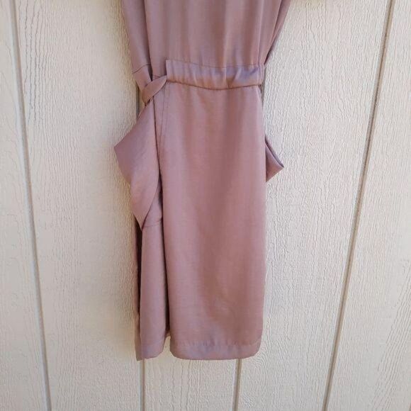 BCBGMaxAzria Alex Cowl Neck Dress Short Sleeve Belted Peasant Satin Rose Gold M - Picture 8 of 14
